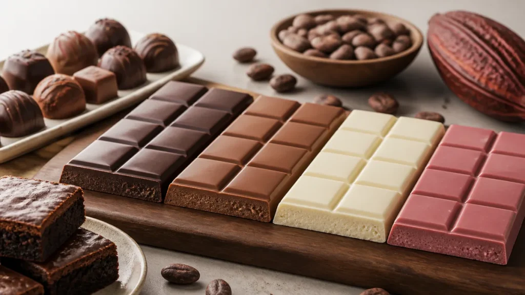チョコレート4種類の違いは原料にあった｜ダーク・ミルク・ホワイト・ルビーの特徴と選び方を比較のアイキャッチ画像