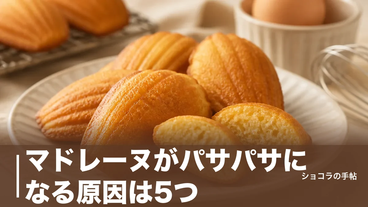 マドレーヌがパサパサになる原因は5つ｜焼きすぎを防ぐ8分ルールとしっとり復活法のアイキャッチ画像
